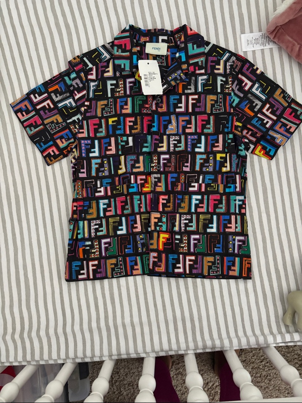 Fendi Black Short Sleeve Shirt with Multicolor FF Pattern